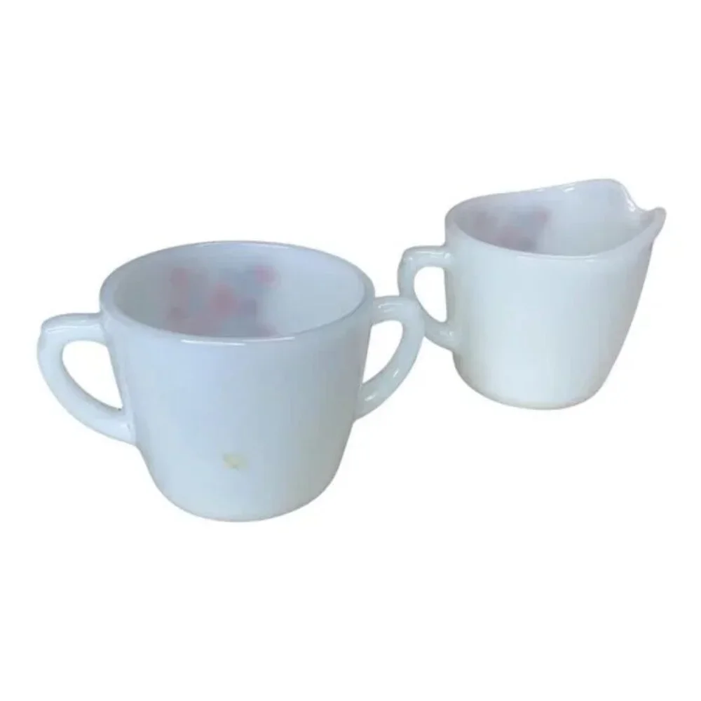 Fire King Primrose Floral Creamer & Sugar Bowl Set Milk Glass Anchor Hocking VTG